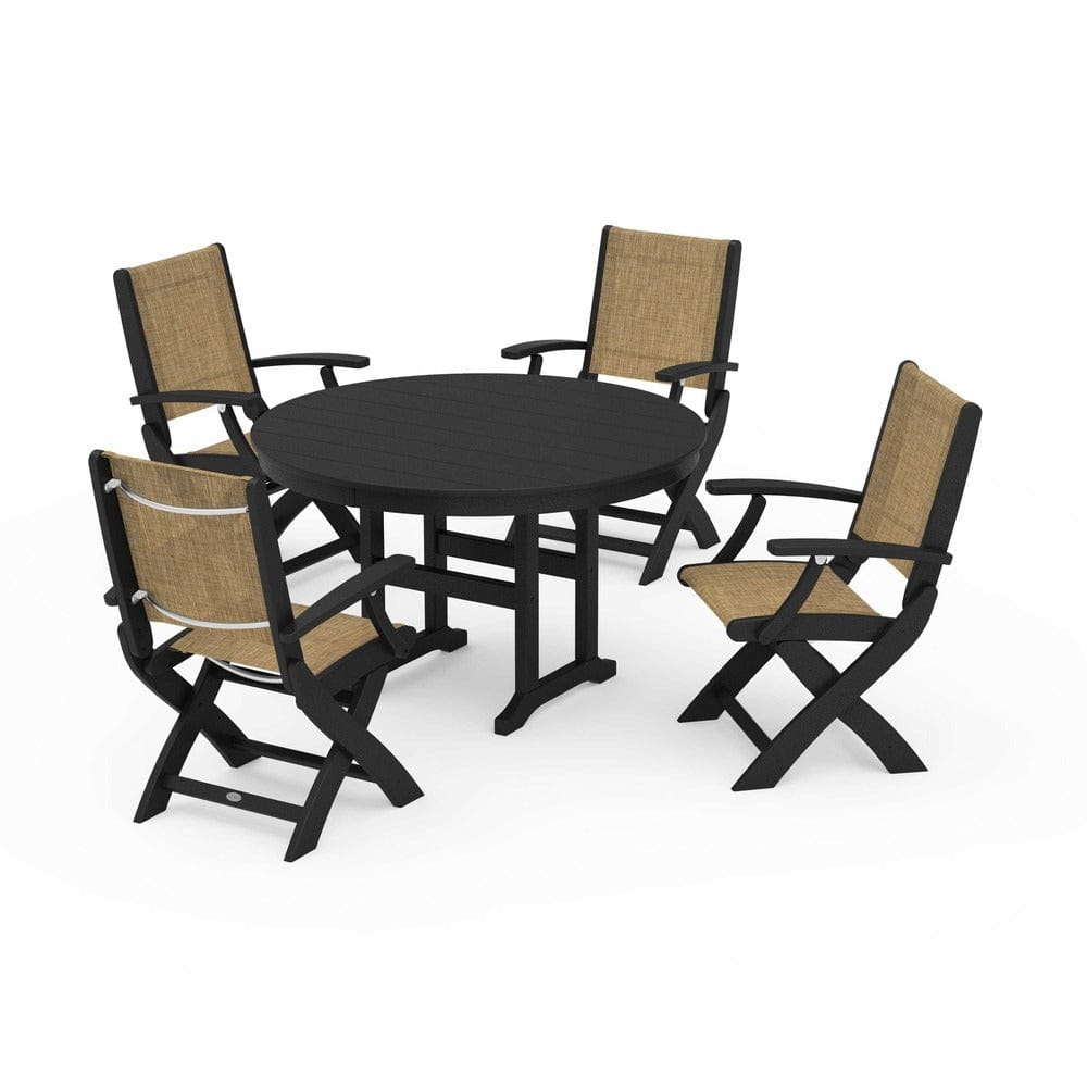POLYWOOD® - Coastal Folding Chair 5-Piece Round Dining Set - PWS1357 Outdoor Furniture POLYWOOD®