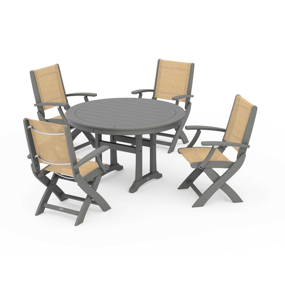 POLYWOOD® - Coastal Folding Chair 5-Piece Round Dining Set with Trestle Legs - PWS1120 Outdoor Furniture POLYWOOD®