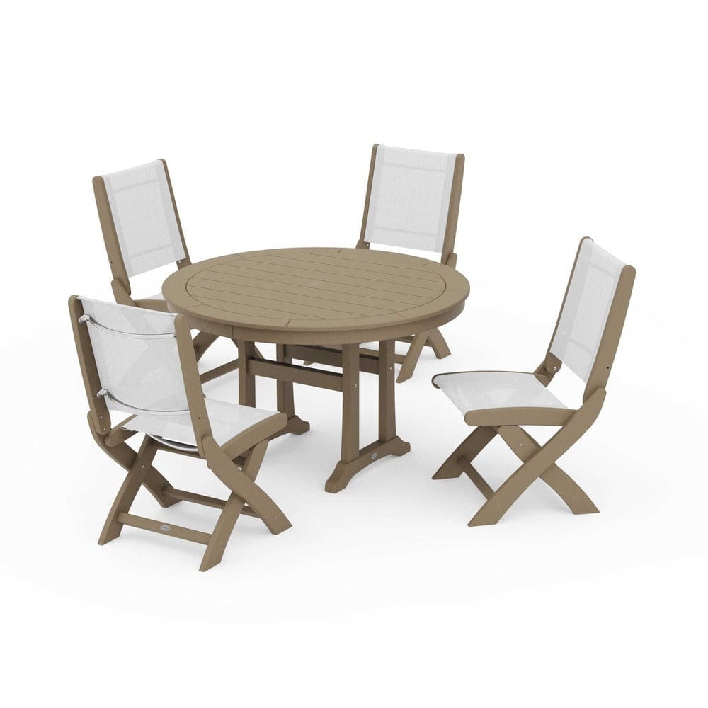 POLYWOOD® - Coastal Folding Side Chair 5-Piece Round Dining Set With Trestle Legs - PWS1121 Outdoor Furniture POLYWOOD®