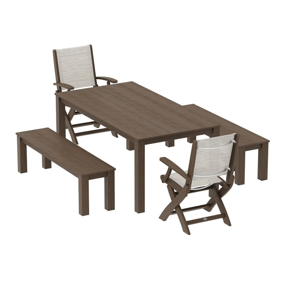 POLYWOOD® - Coastal Folding Chair 5-Piece Parsons Dining Set with Benches - PWS2273