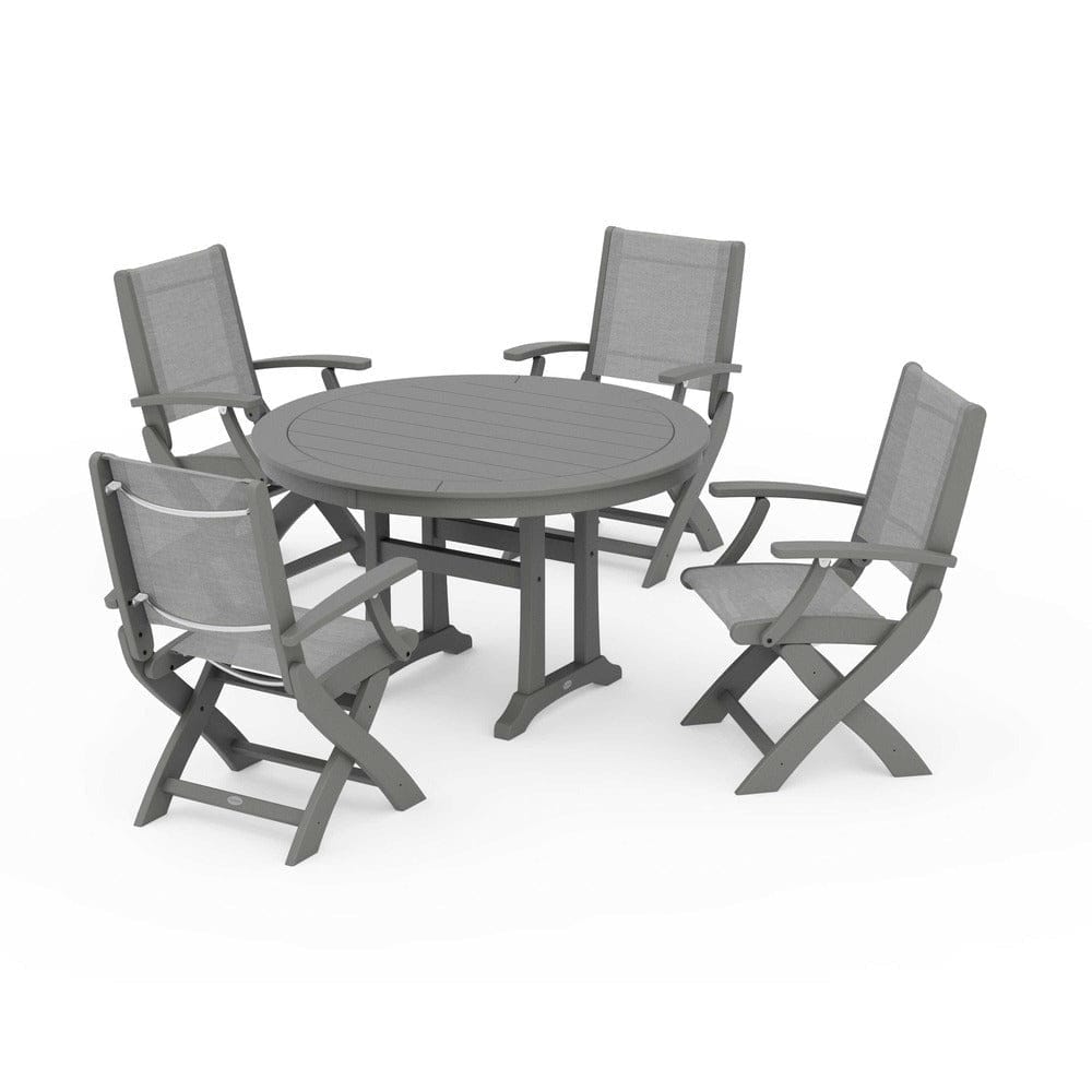 POLYWOOD® - Coastal Folding Chair 5-Piece Round Dining Set with Trestle Legs - PWS1120 Outdoor Furniture POLYWOOD®