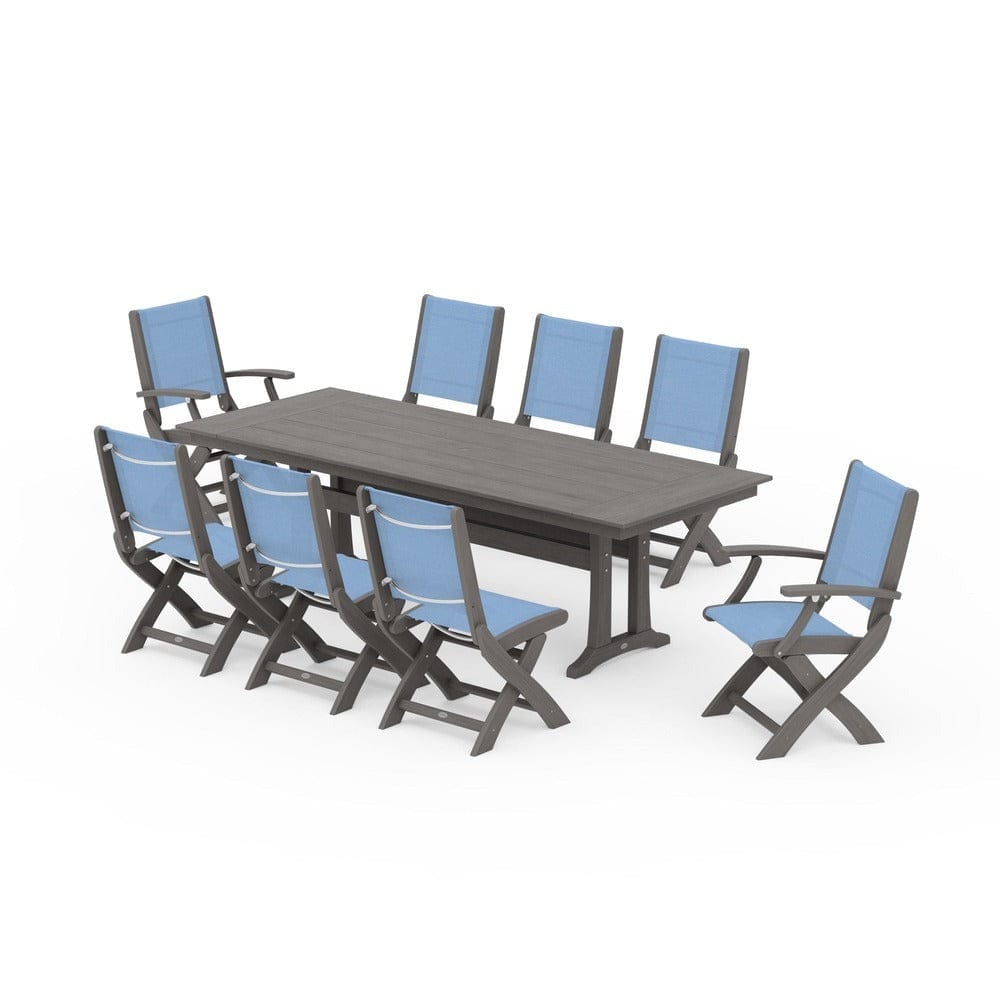 POLYWOOD® - Coastal 9-Piece Folding Dining Chair Farmhouse Dining Set with Trestle Legs - PWS1447
