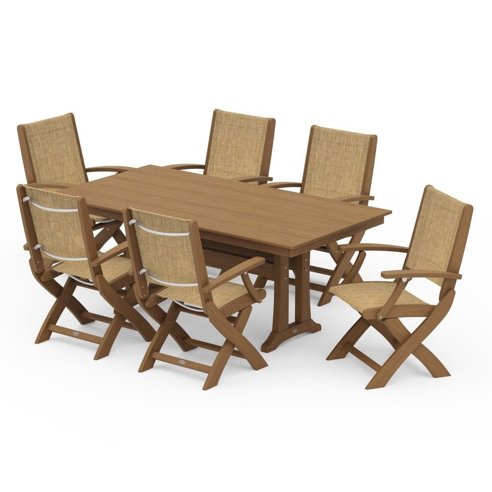 POLYWOOD® - Coastal Folding Arm Chair 7-Piece Farmhouse Dining Set with Trestle Legs - PWS292