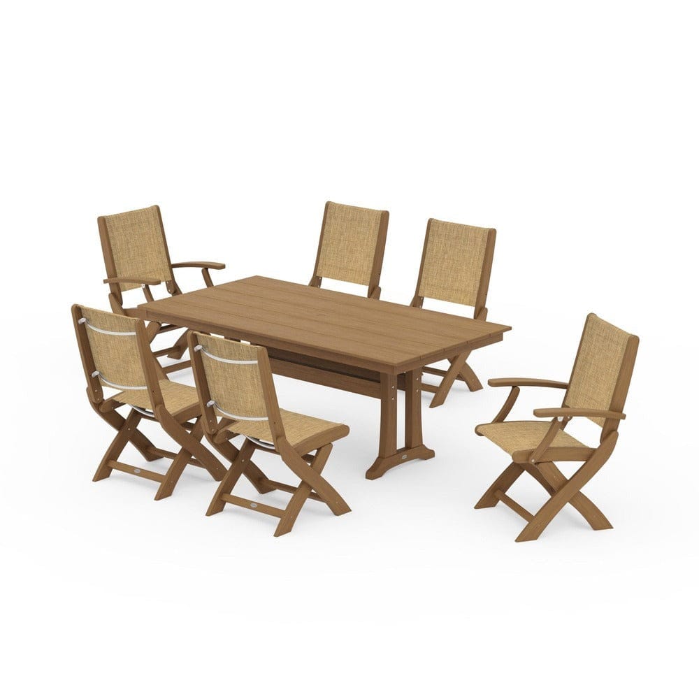 POLYWOOD® - Coastal Folding Chair 7-Piece Farmhouse Dining Set with Trestle Legs - PWS1001
