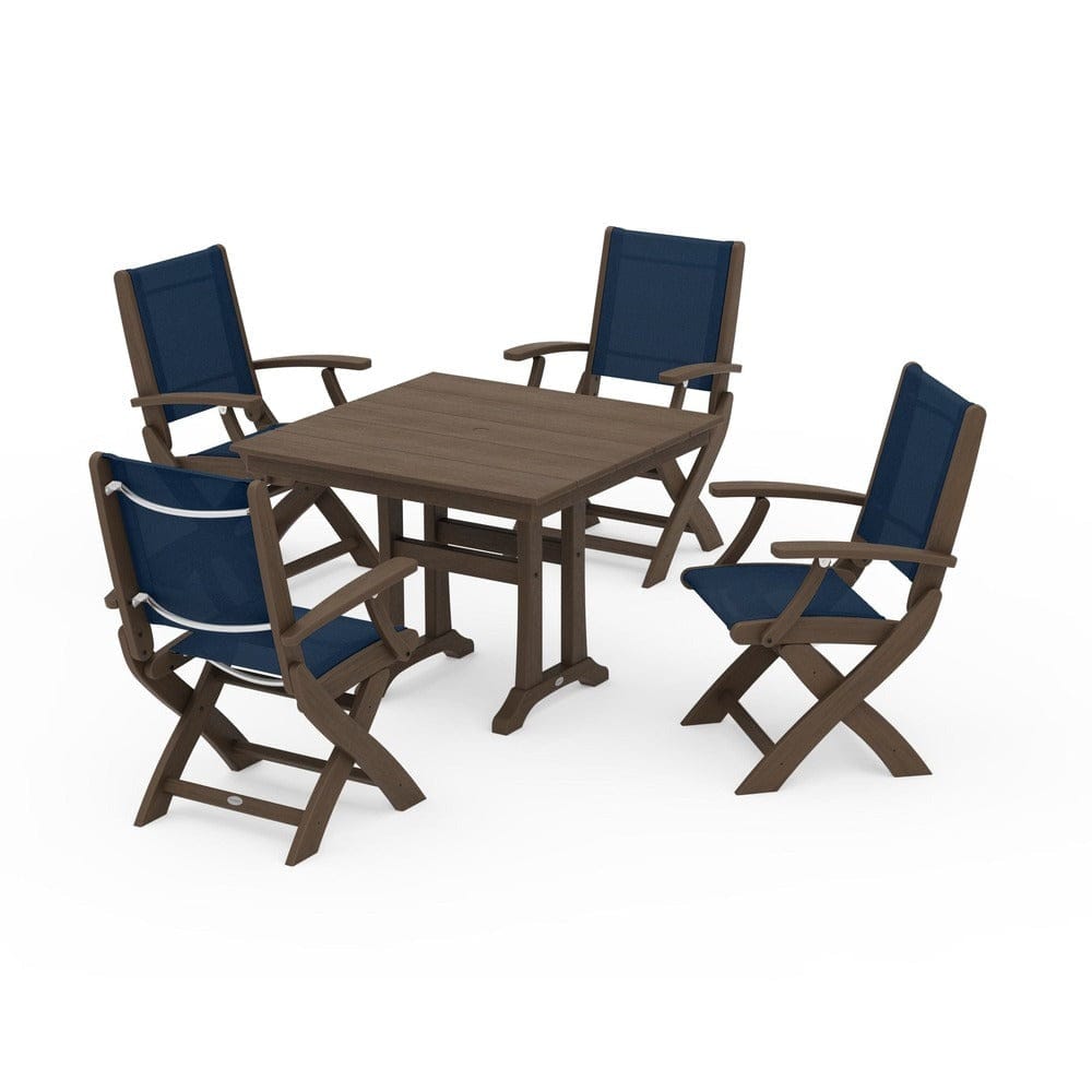 POLYWOOD® - Coastal Folding Chair 5-Piece Farmhouse Dining Set With Trestle Legs - PWS945