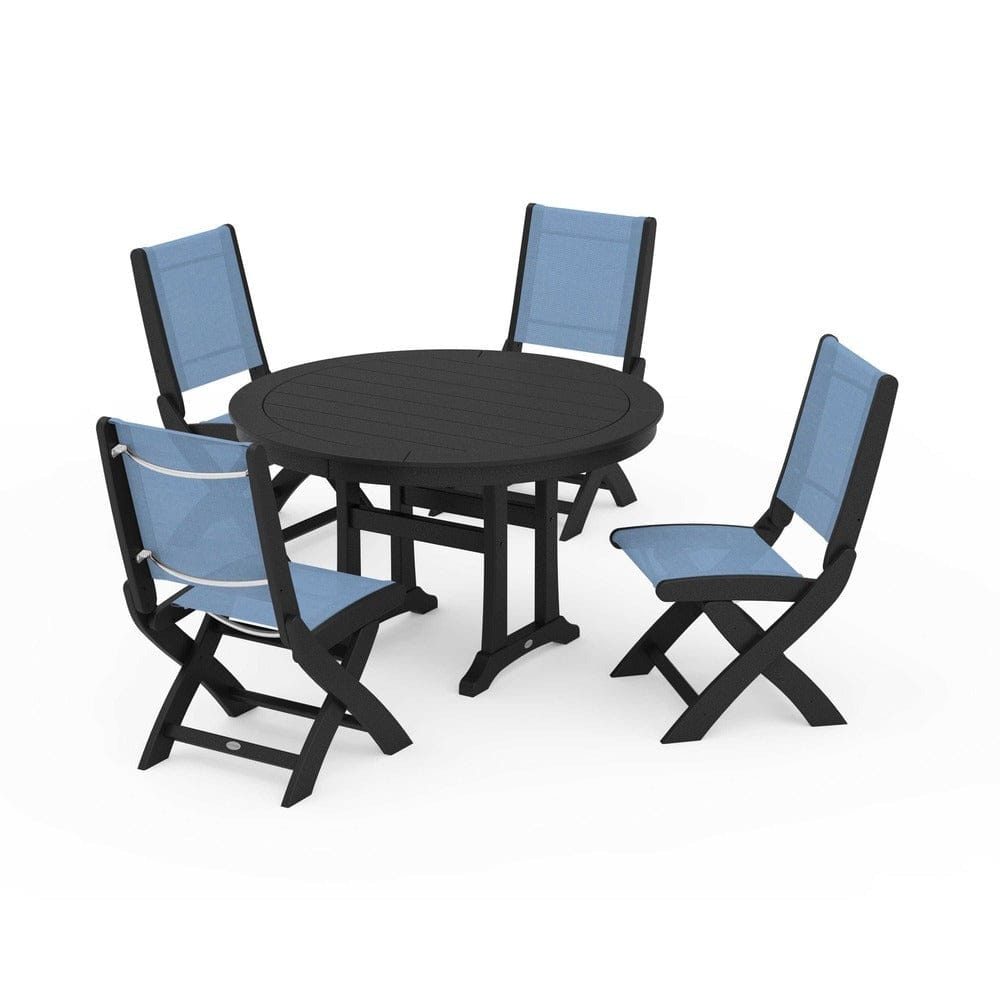 POLYWOOD® - Coastal Folding Side Chair 5-Piece Round Dining Set With Trestle Legs - PWS1121 Outdoor Furniture POLYWOOD®
