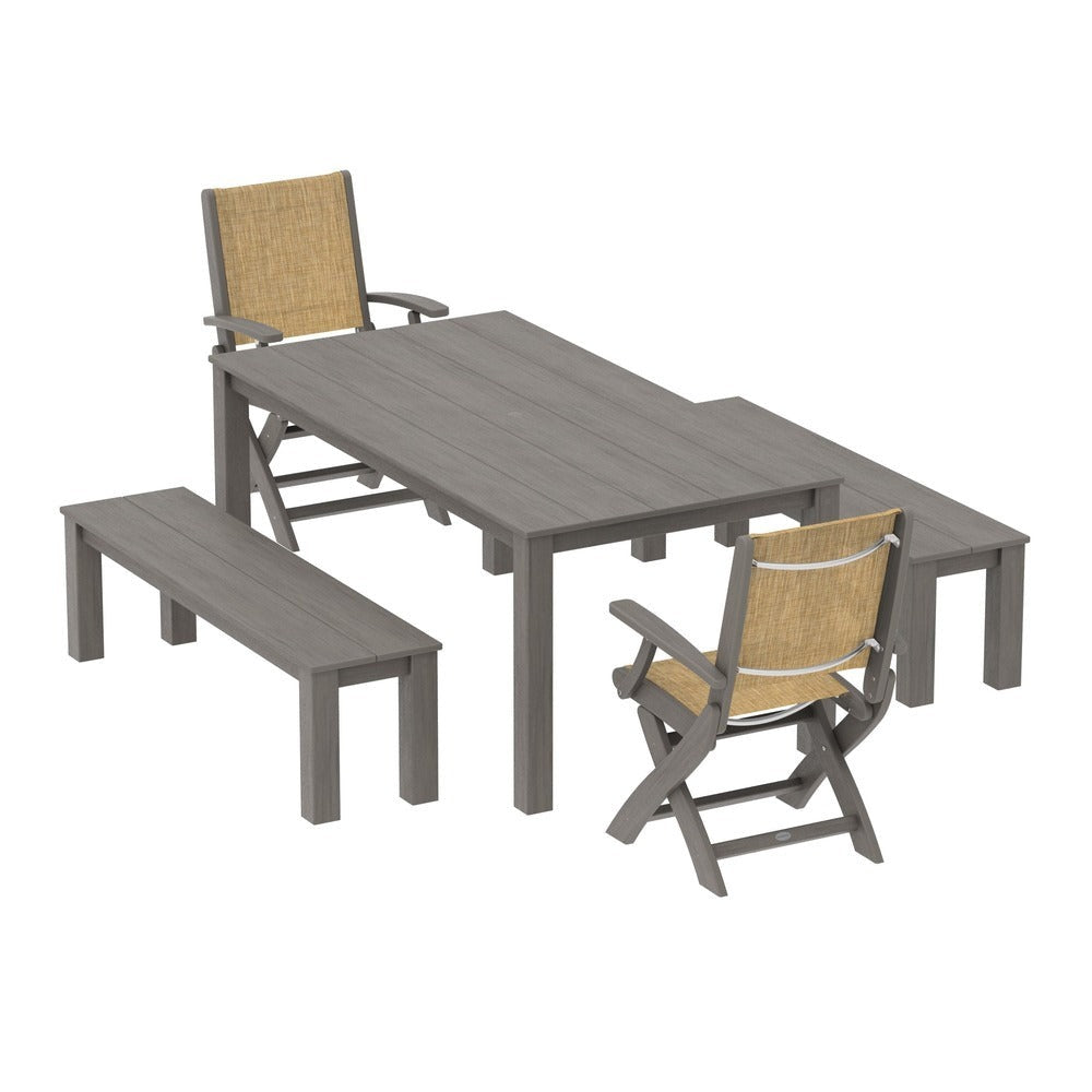 POLYWOOD® - Coastal Folding Chair 5-Piece Parsons Dining Set with Benches - PWS2273