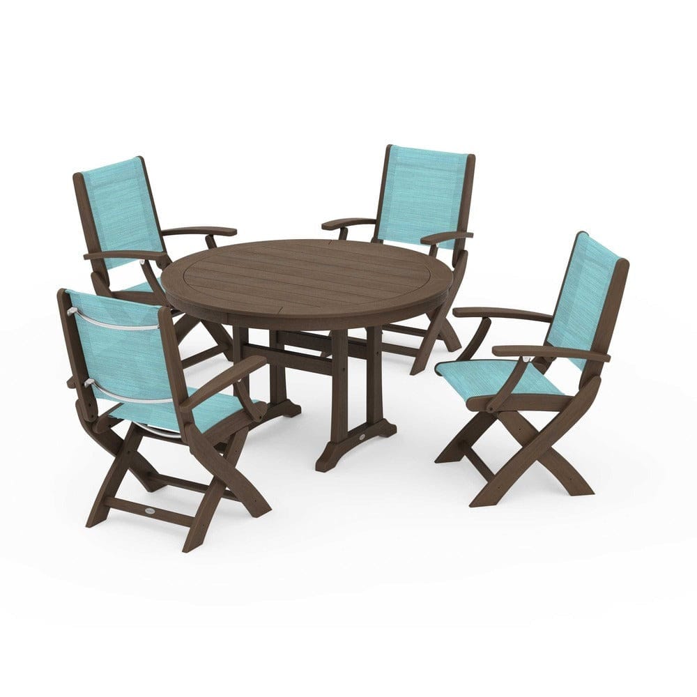 POLYWOOD® - Coastal Folding Chair 5-Piece Round Dining Set with Trestle Legs - PWS1120 Outdoor Furniture POLYWOOD®