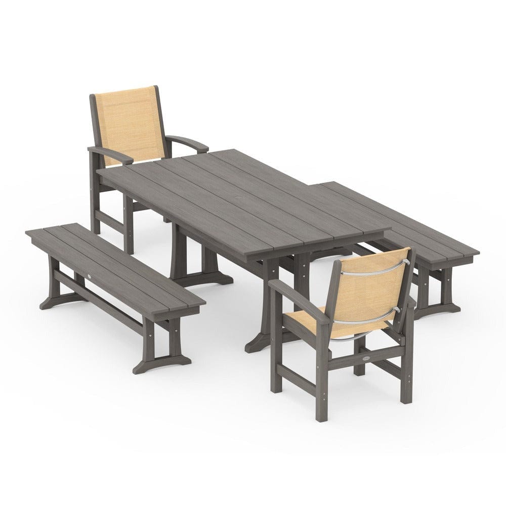 POLYWOOD® - Coastal 5-Piece Farmhouse Dining Set with Trestle Legs and Benches - PWS1000