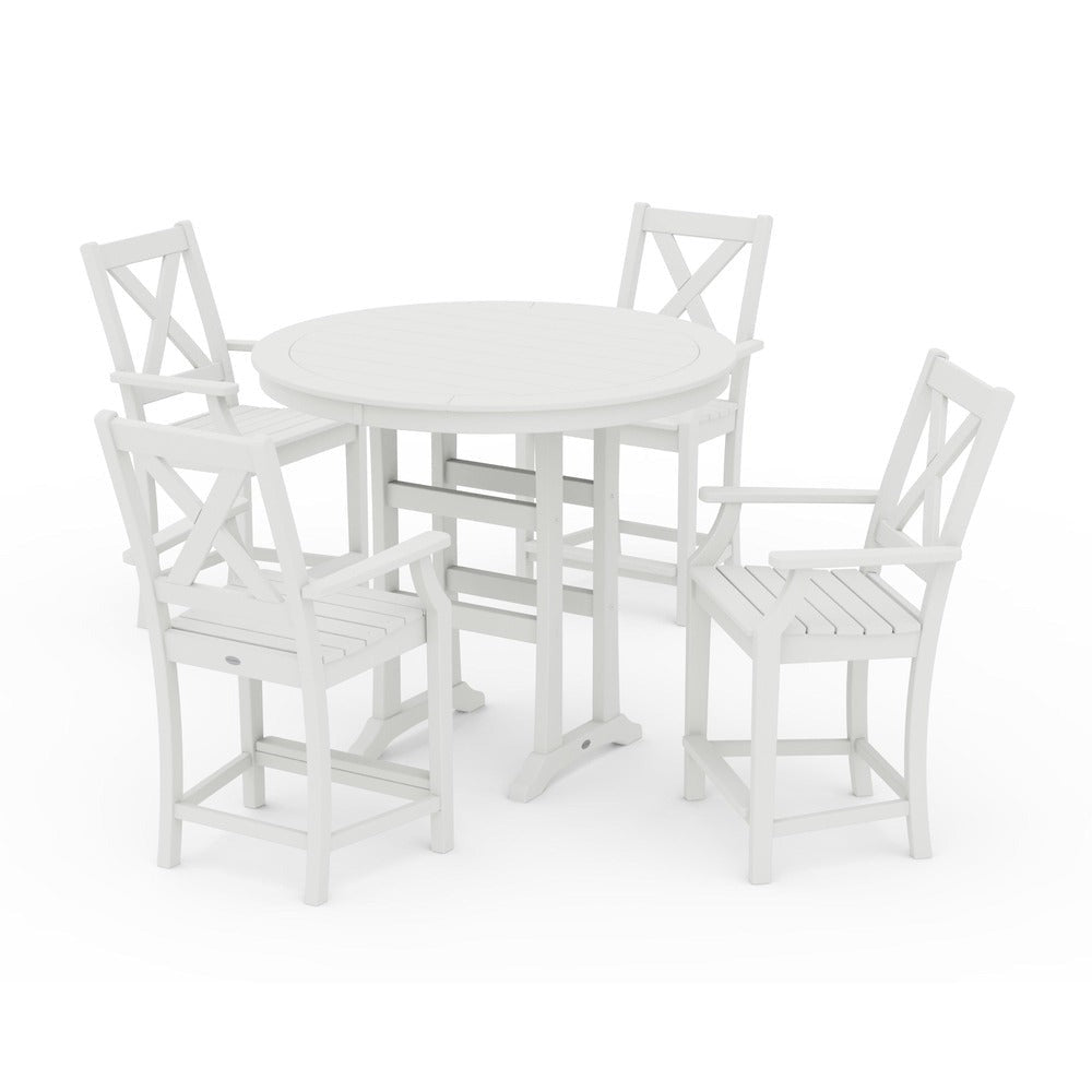 POLYWOOD® Braxton 5-Piece Nautical Trestle Arm Chair Counter Set - Vintage White PWS511-1-VWH