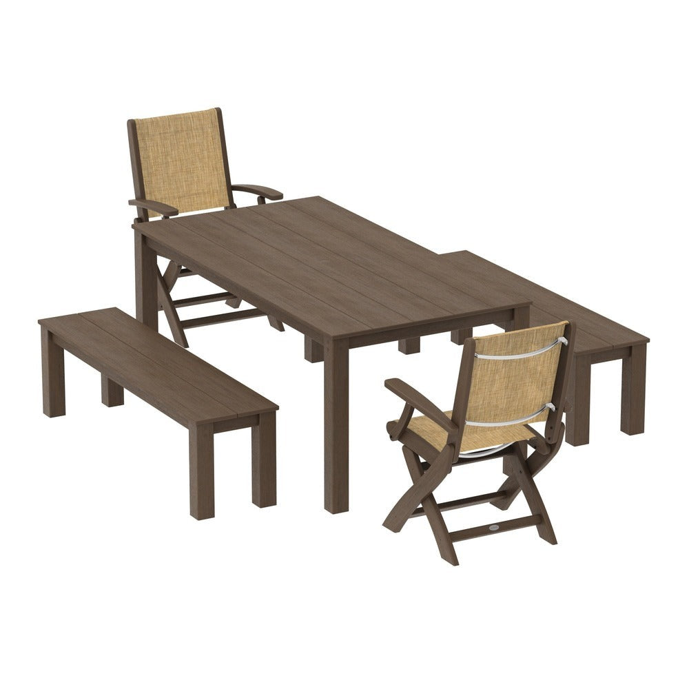 POLYWOOD® - Coastal Folding Chair 5-Piece Parsons Dining Set with Benches - PWS2273