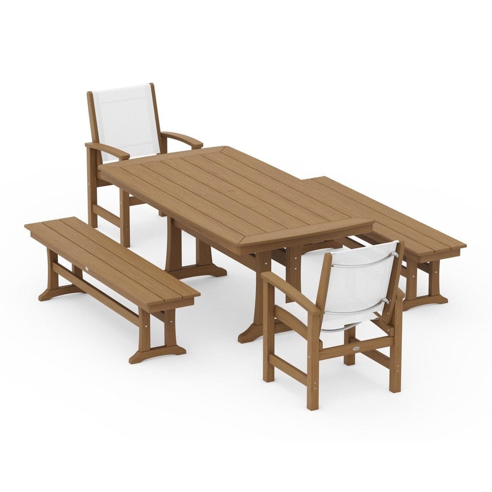 POLYWOOD® - Coastal 5-Piece Dining Set with Trestle Legs and Benches - PWS1036