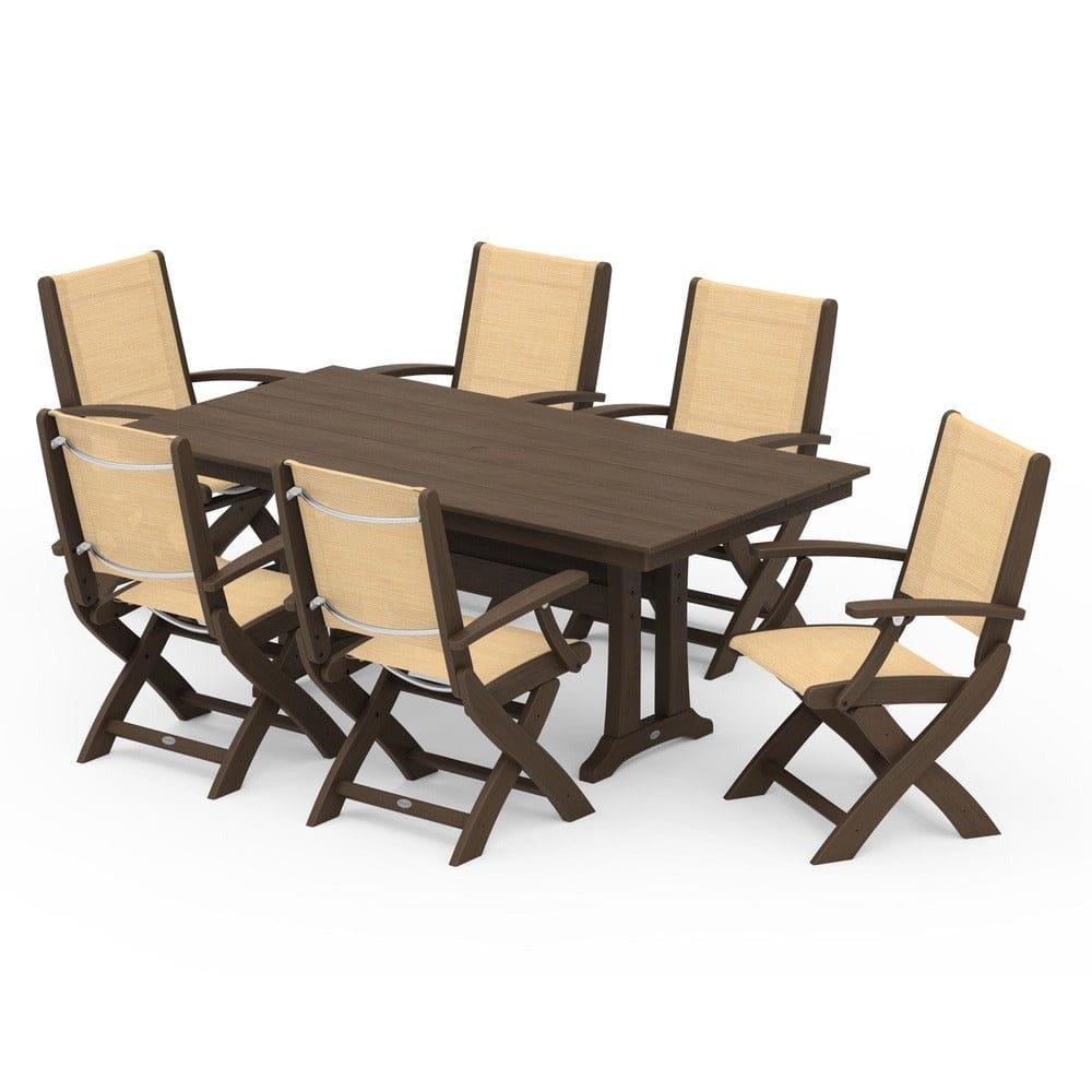 POLYWOOD® - Coastal Folding Arm Chair 7-Piece Farmhouse Dining Set with Trestle Legs - PWS292