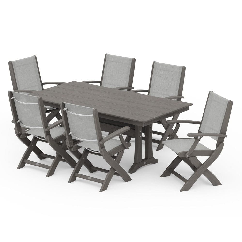 POLYWOOD® - Coastal Folding Arm Chair 7-Piece Farmhouse Dining Set with Trestle Legs - PWS292