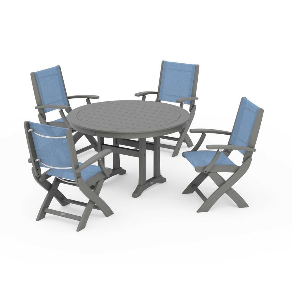 POLYWOOD® - Coastal Folding Chair 5-Piece Round Dining Set with Trestle Legs - PWS1120 Outdoor Furniture POLYWOOD®