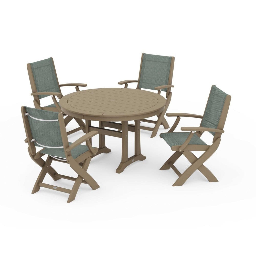 POLYWOOD® - Coastal Folding Chair 5-Piece Round Dining Set with Trestle Legs - PWS1120 Outdoor Furniture POLYWOOD®