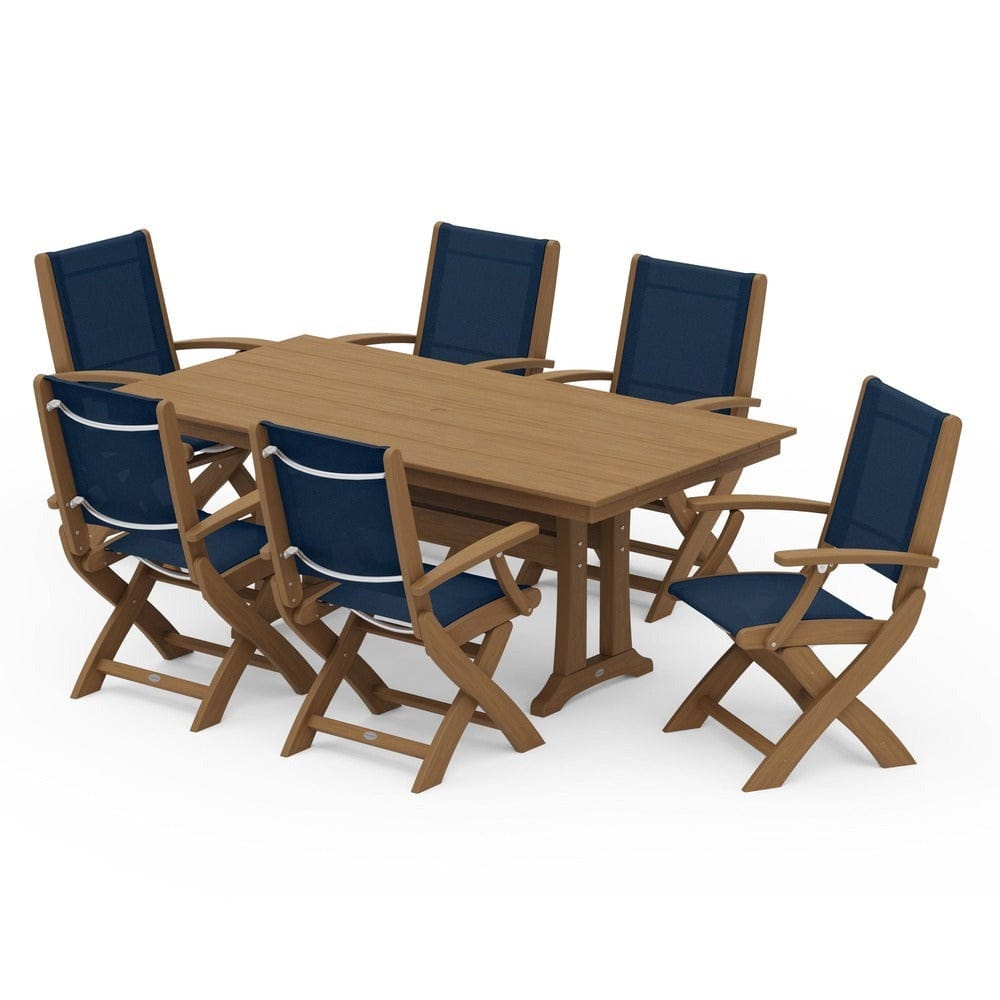 POLYWOOD® - Coastal Folding Arm Chair 7-Piece Farmhouse Dining Set with Trestle Legs - PWS292