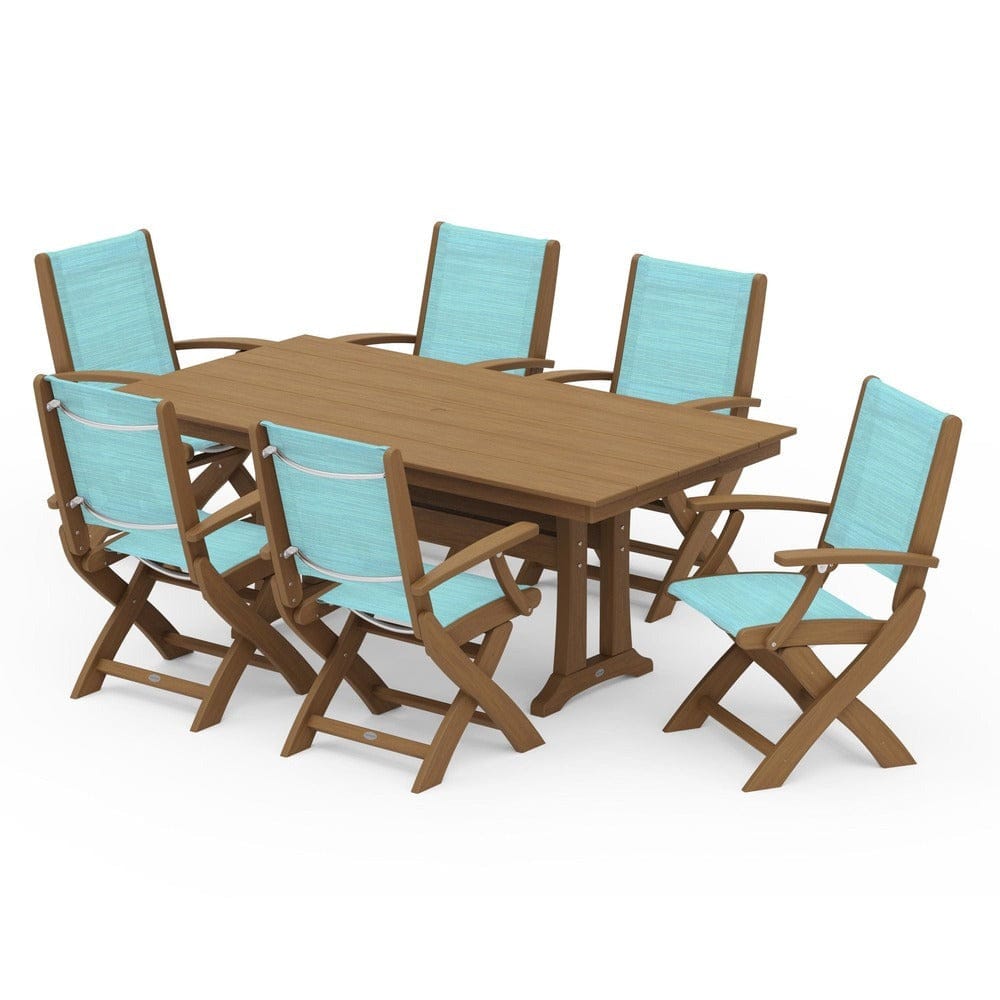 POLYWOOD® - Coastal Folding Arm Chair 7-Piece Farmhouse Dining Set with Trestle Legs - PWS292