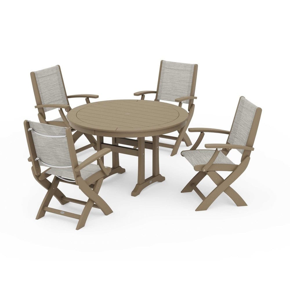 POLYWOOD® - Coastal Folding Chair 5-Piece Round Dining Set with Trestle Legs - PWS1120