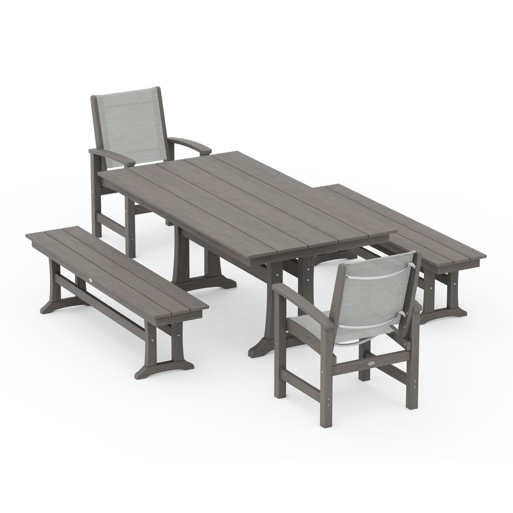 POLYWOOD® - Coastal 5-Piece Farmhouse Dining Set with Trestle Legs and Benches - PWS1000