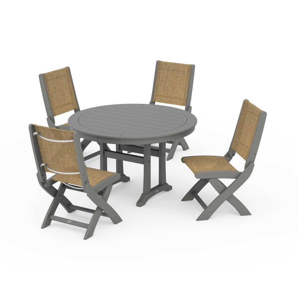POLYWOOD® - Coastal Folding Side Chair 5-Piece Round Dining Set With Trestle Legs - PWS1121 Outdoor Furniture POLYWOOD®
