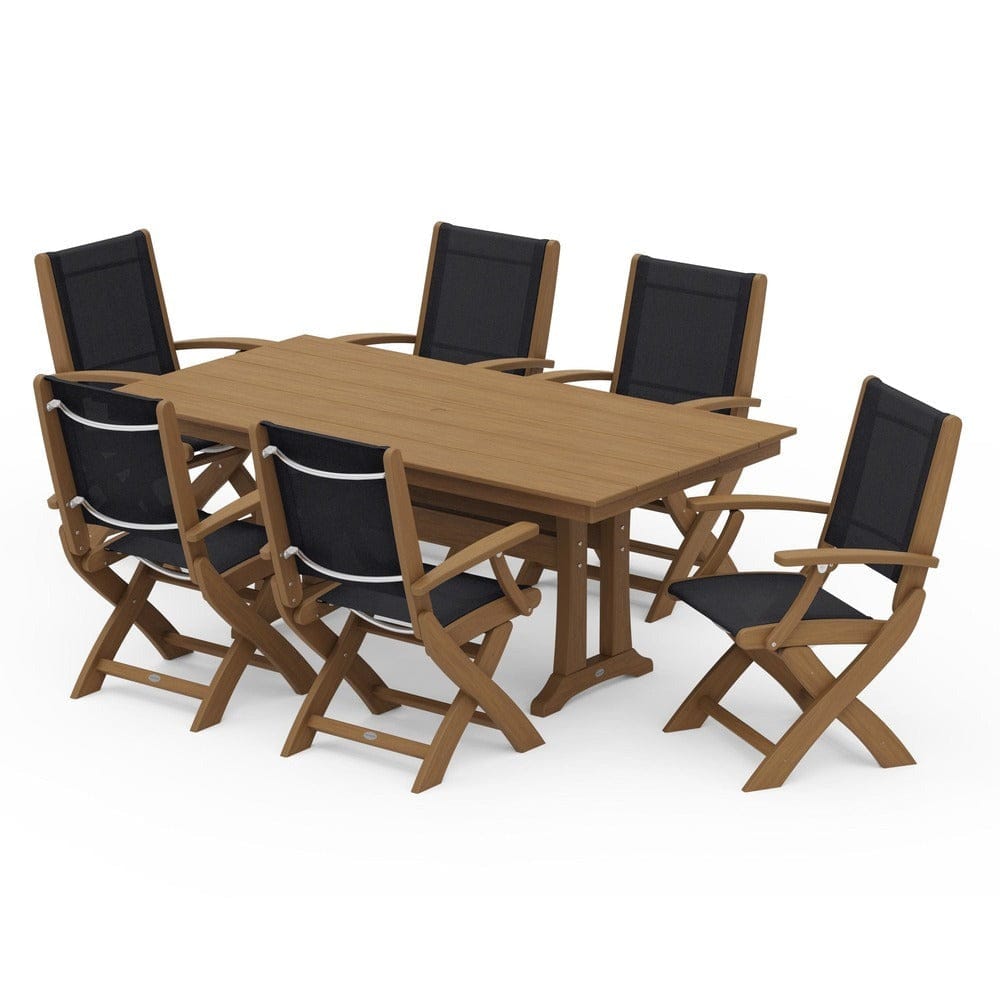 POLYWOOD® - Coastal Folding Arm Chair 7-Piece Farmhouse Dining Set with Trestle Legs - PWS292
