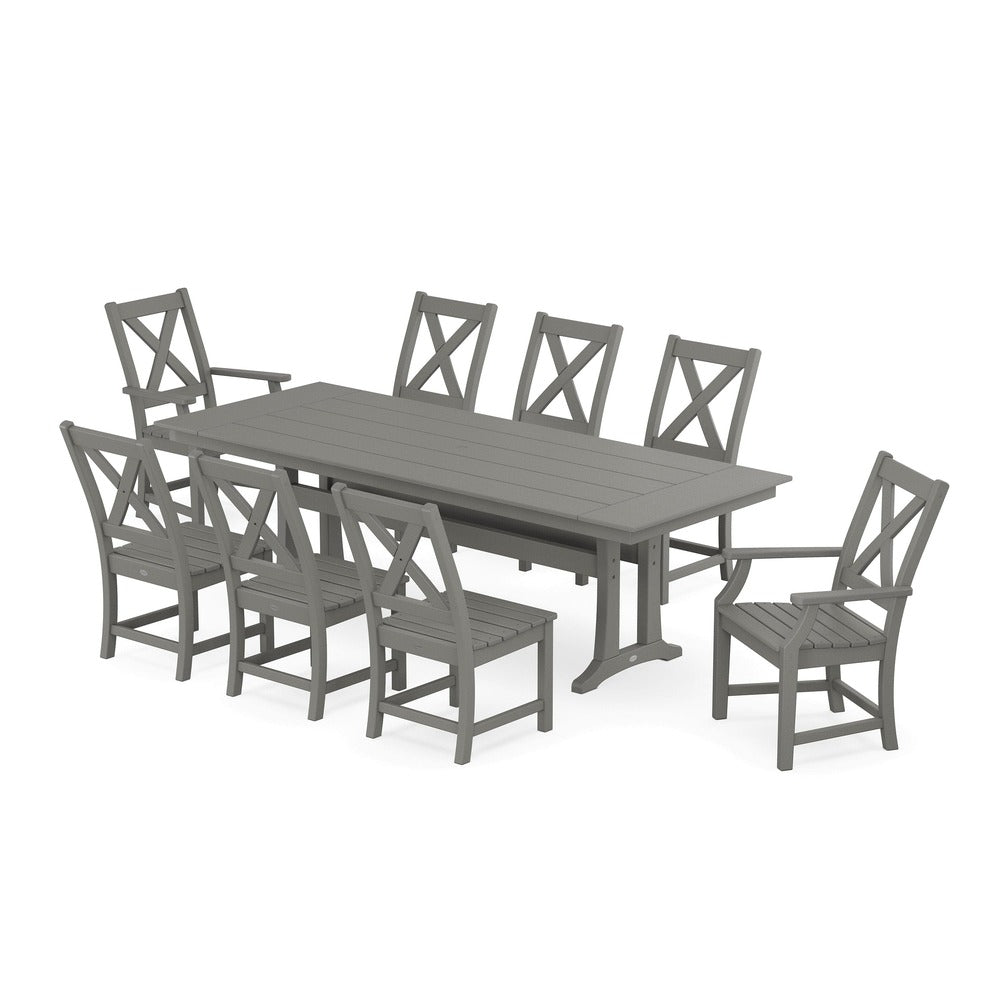 POLYWOOD® Braxton 9-Piece Farmhouse Dining Set with Trestle Legs - Slate Grey PWS1433-1-GY