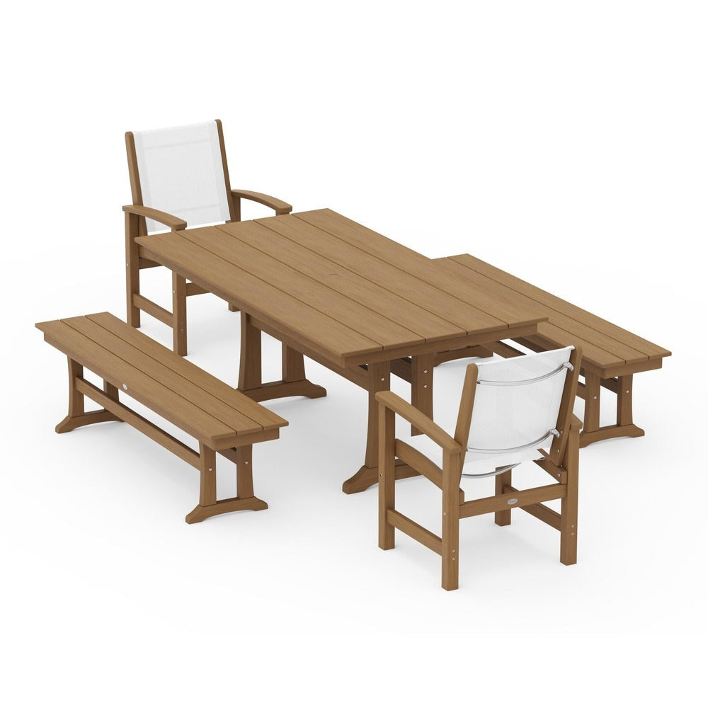 POLYWOOD® - Coastal 5-Piece Farmhouse Dining Set with Trestle Legs and Benches - PWS1000
