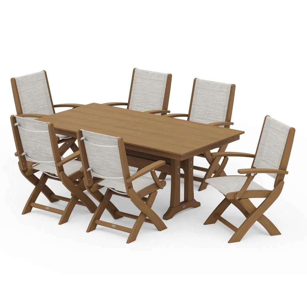 POLYWOOD® - Coastal Folding Arm Chair 7-Piece Farmhouse Dining Set with Trestle Legs - PWS292