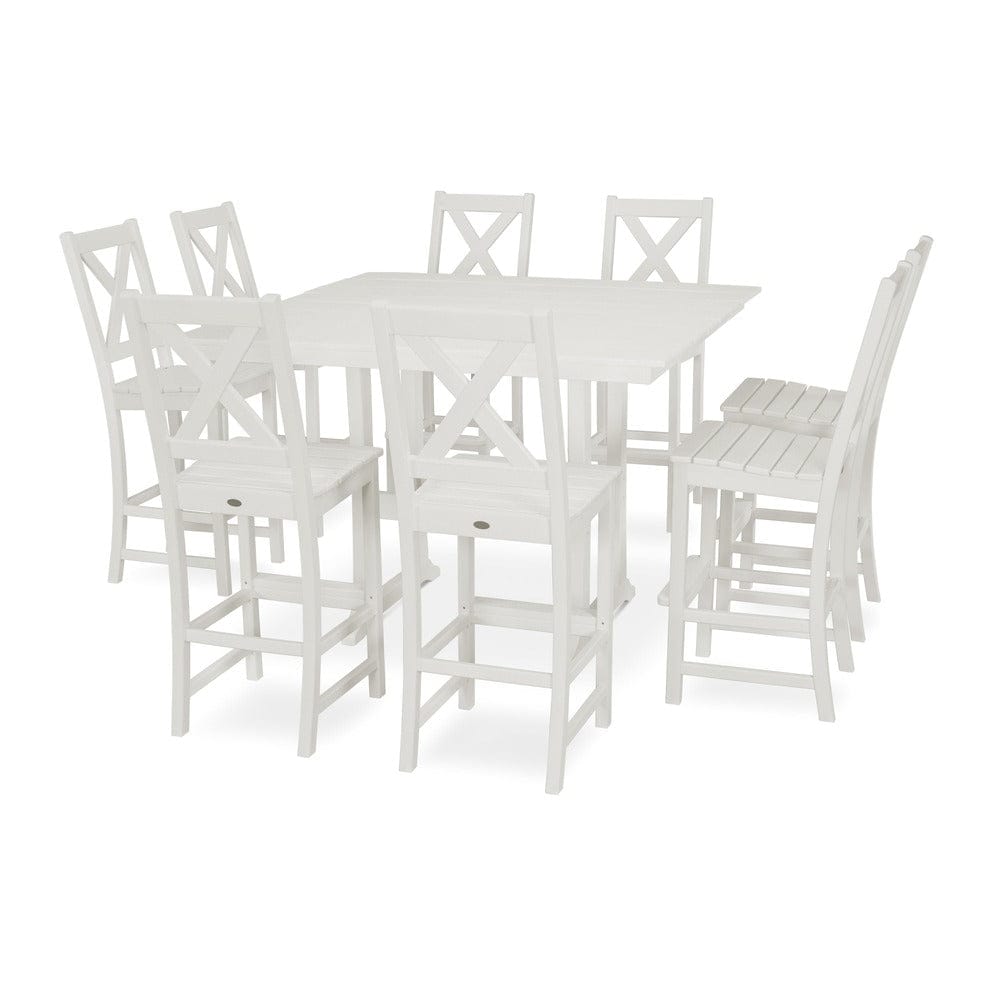 POLYWOOD® Braxton 9-Piece Farmhouse Trestle Bar Set - Vintage White PWS514-1-VWH