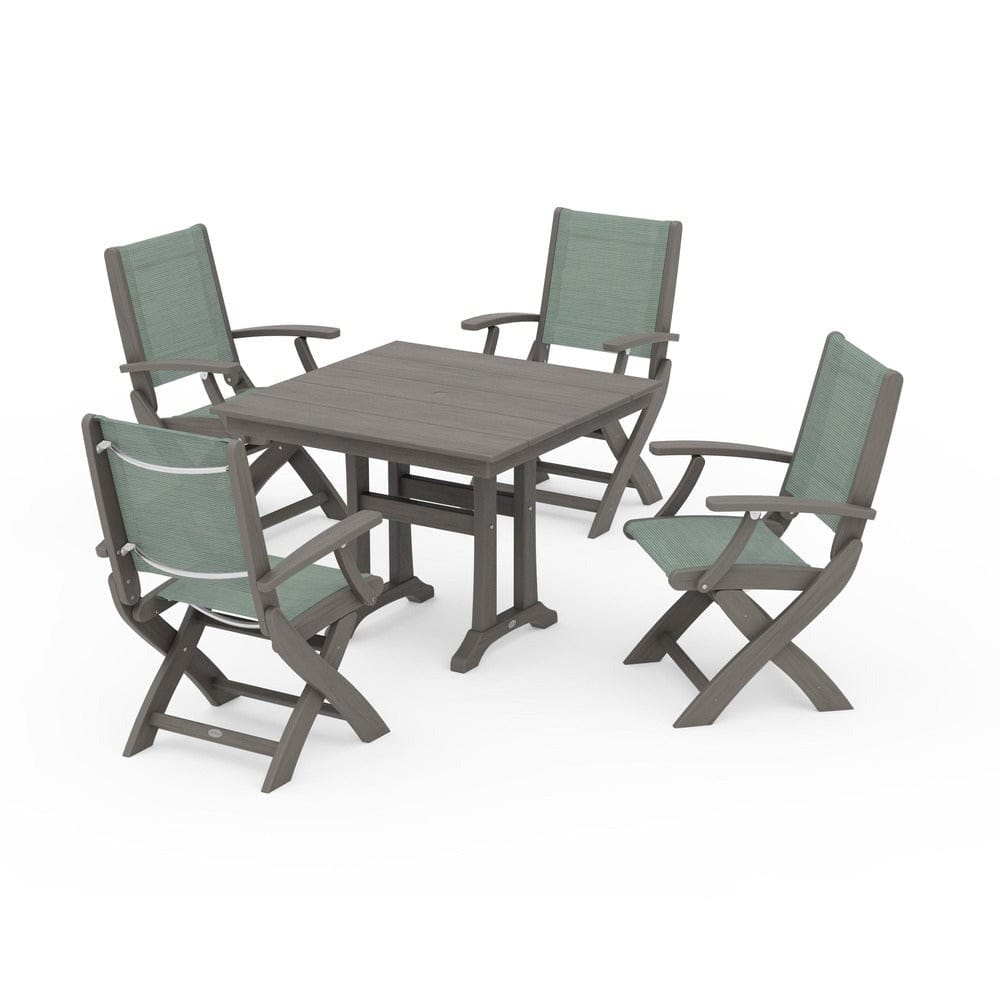 POLYWOOD® - Coastal Folding Chair 5-Piece Farmhouse Dining Set With Trestle Legs - PWS945