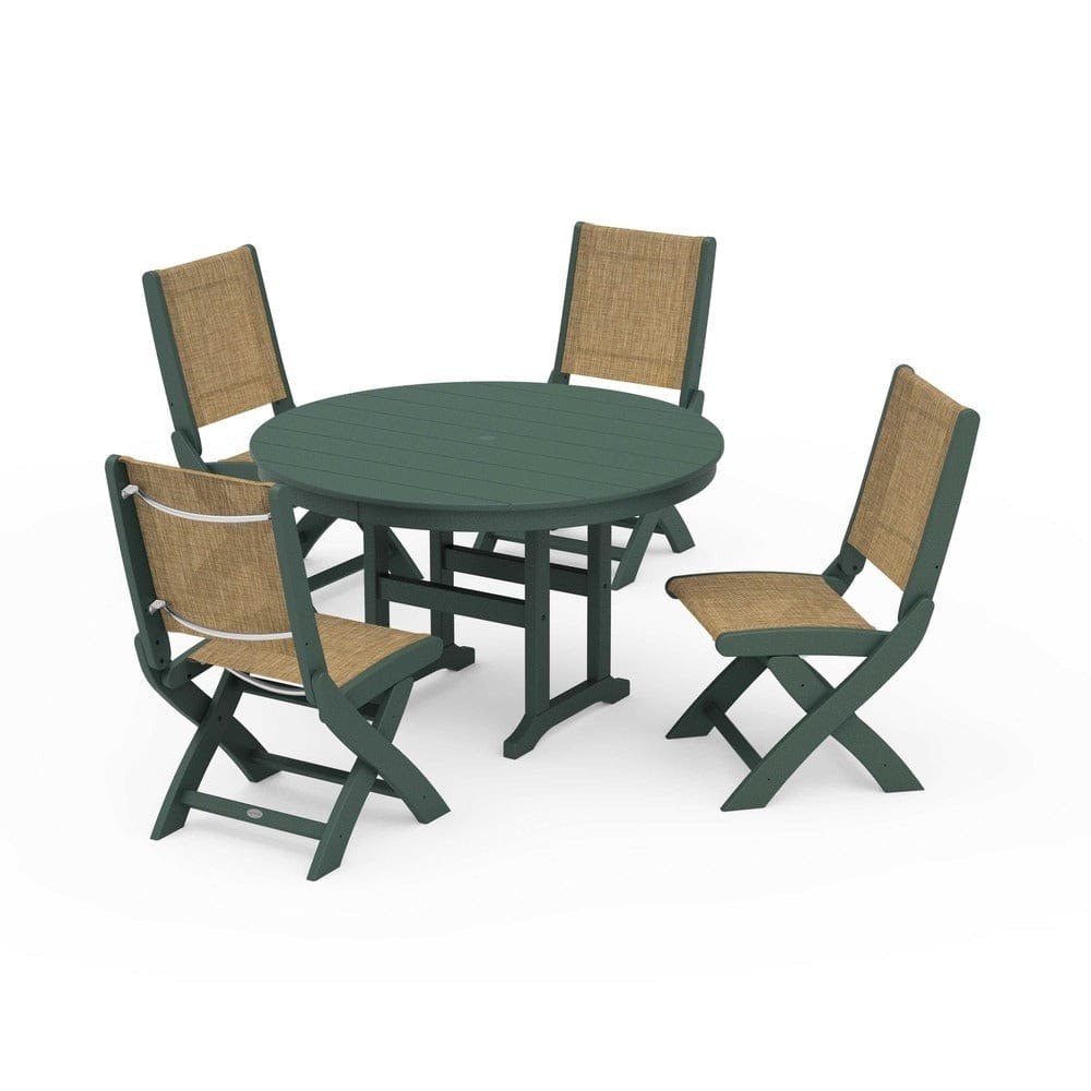 POLYWOOD® - Coastal Folding Side Chair 5-Piece Round Dining Set - PWS1358 Outdoor Furniture POLYWOOD®