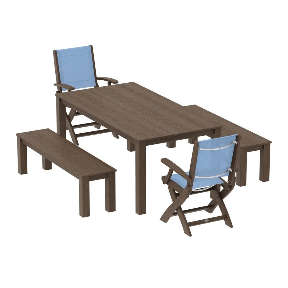 POLYWOOD® - Coastal Folding Chair 5-Piece Parsons Dining Set with Benches - PWS2273