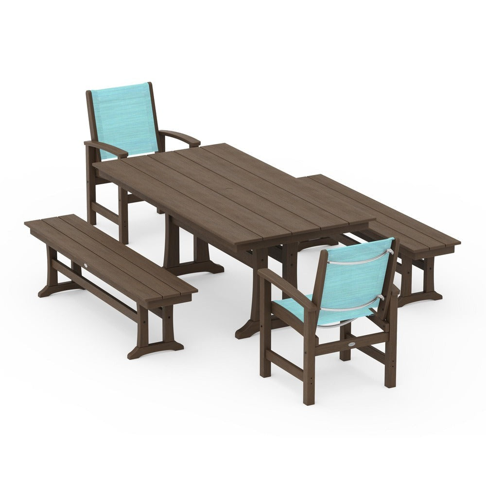 POLYWOOD® - Coastal 5-Piece Farmhouse Dining Set with Trestle Legs and Benches - PWS1000