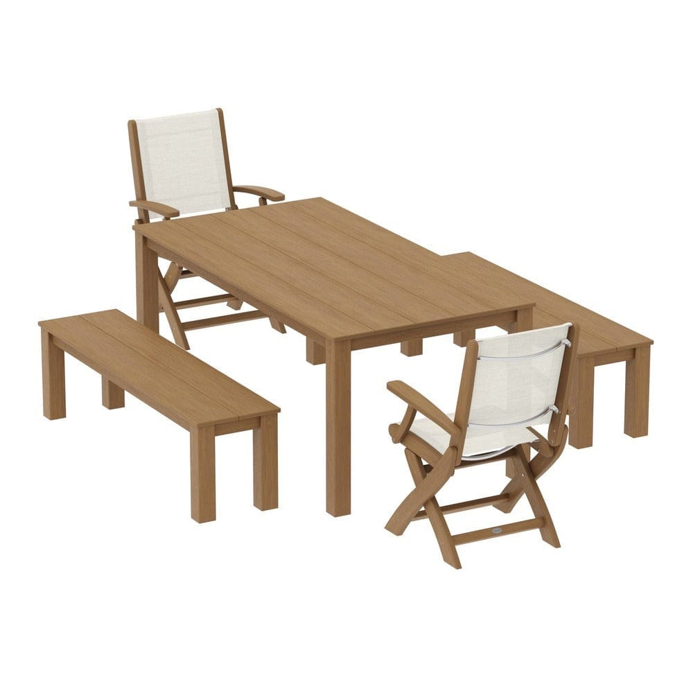 POLYWOOD® - Coastal Folding Chair 5-Piece Parsons Dining Set with Benches - PWS2273