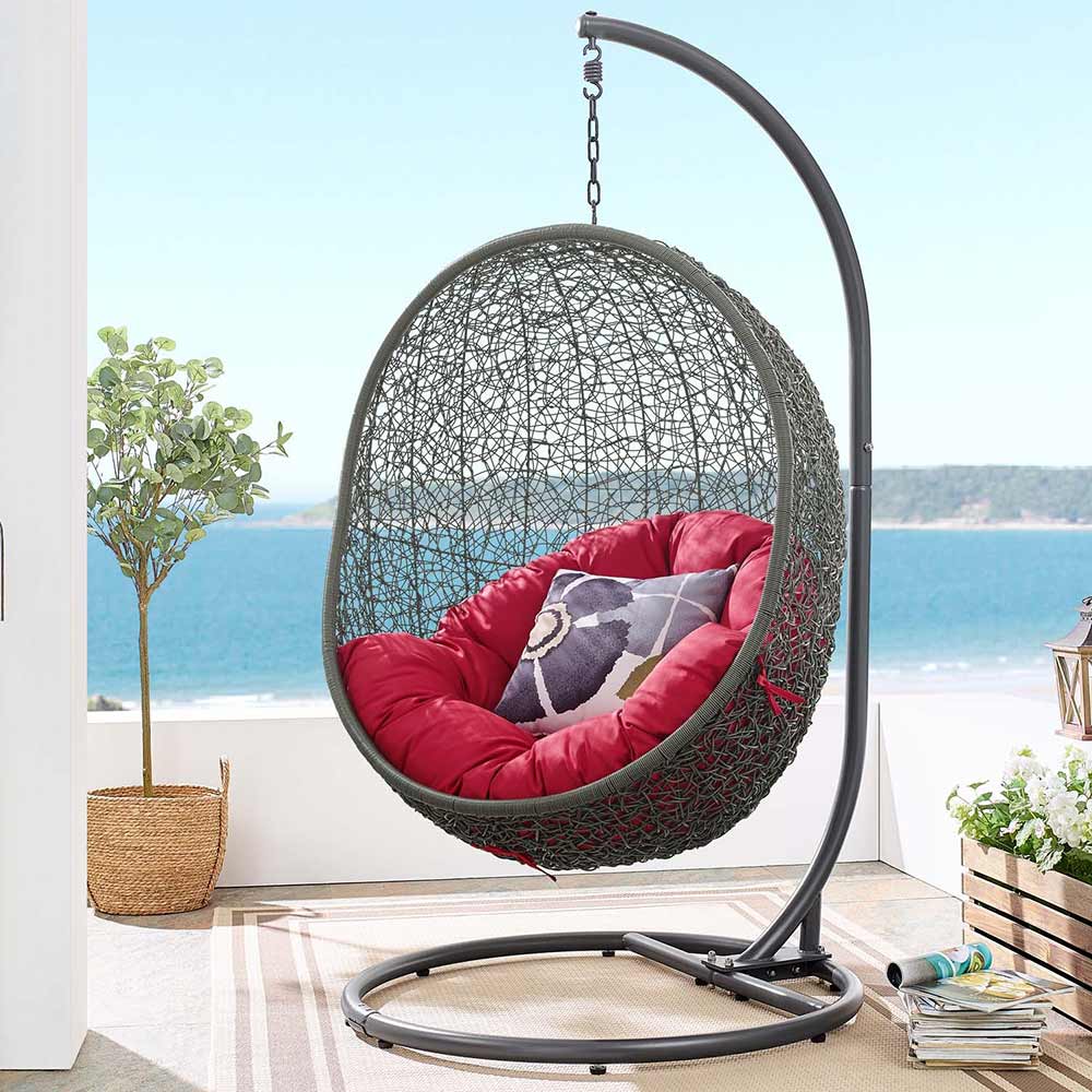 Modway - Hide Outdoor Patio Swing Chair With Stand & Red Cushion Egg Chair Modway