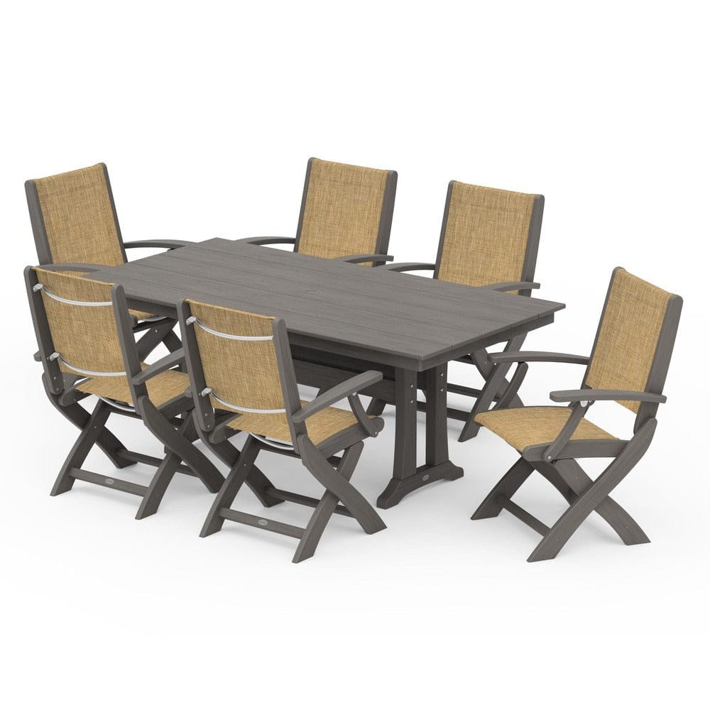 POLYWOOD® - Coastal Folding Arm Chair 7-Piece Farmhouse Dining Set with Trestle Legs - PWS292