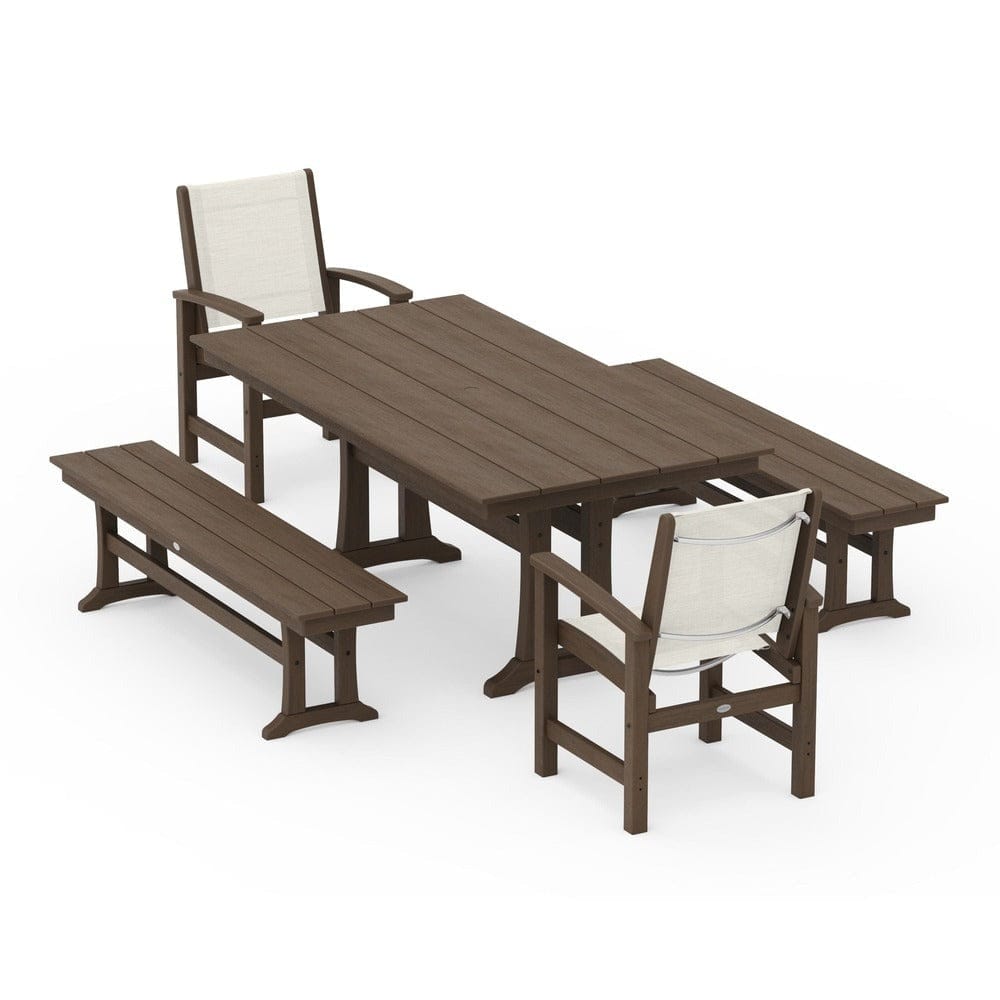 POLYWOOD® - Coastal 5-Piece Farmhouse Dining Set with Trestle Legs and Benches - PWS1000