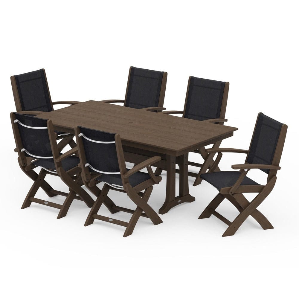 POLYWOOD® - Coastal Folding Arm Chair 7-Piece Farmhouse Dining Set with Trestle Legs - PWS292