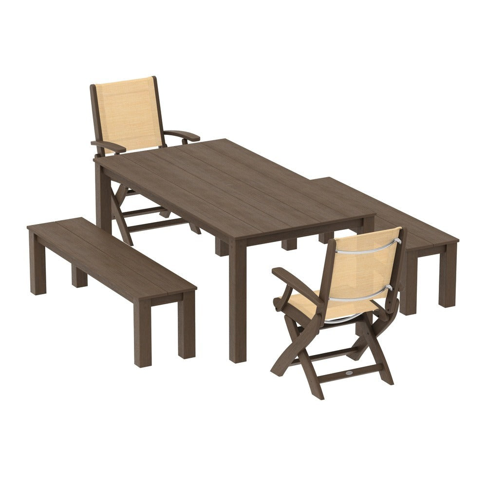 POLYWOOD® - Coastal Folding Chair 5-Piece Parsons Dining Set with Benches - PWS2273