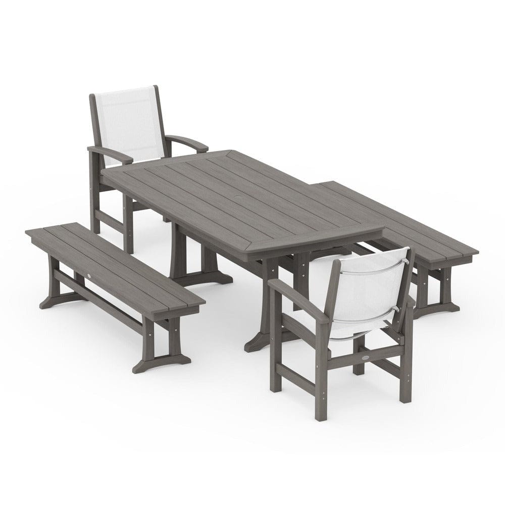POLYWOOD® - Coastal 5-Piece Dining Set with Trestle Legs and Benches - PWS1036