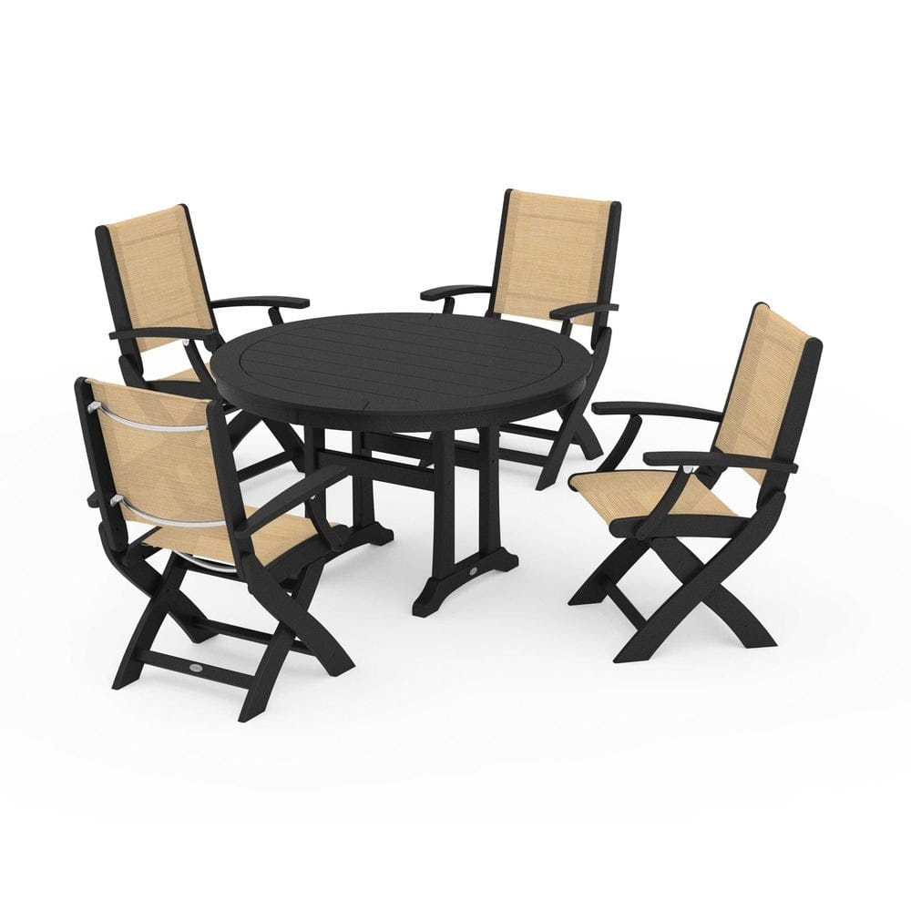 POLYWOOD® - Coastal Folding Chair 5-Piece Round Dining Set with Trestle Legs - PWS1120 Outdoor Furniture POLYWOOD®