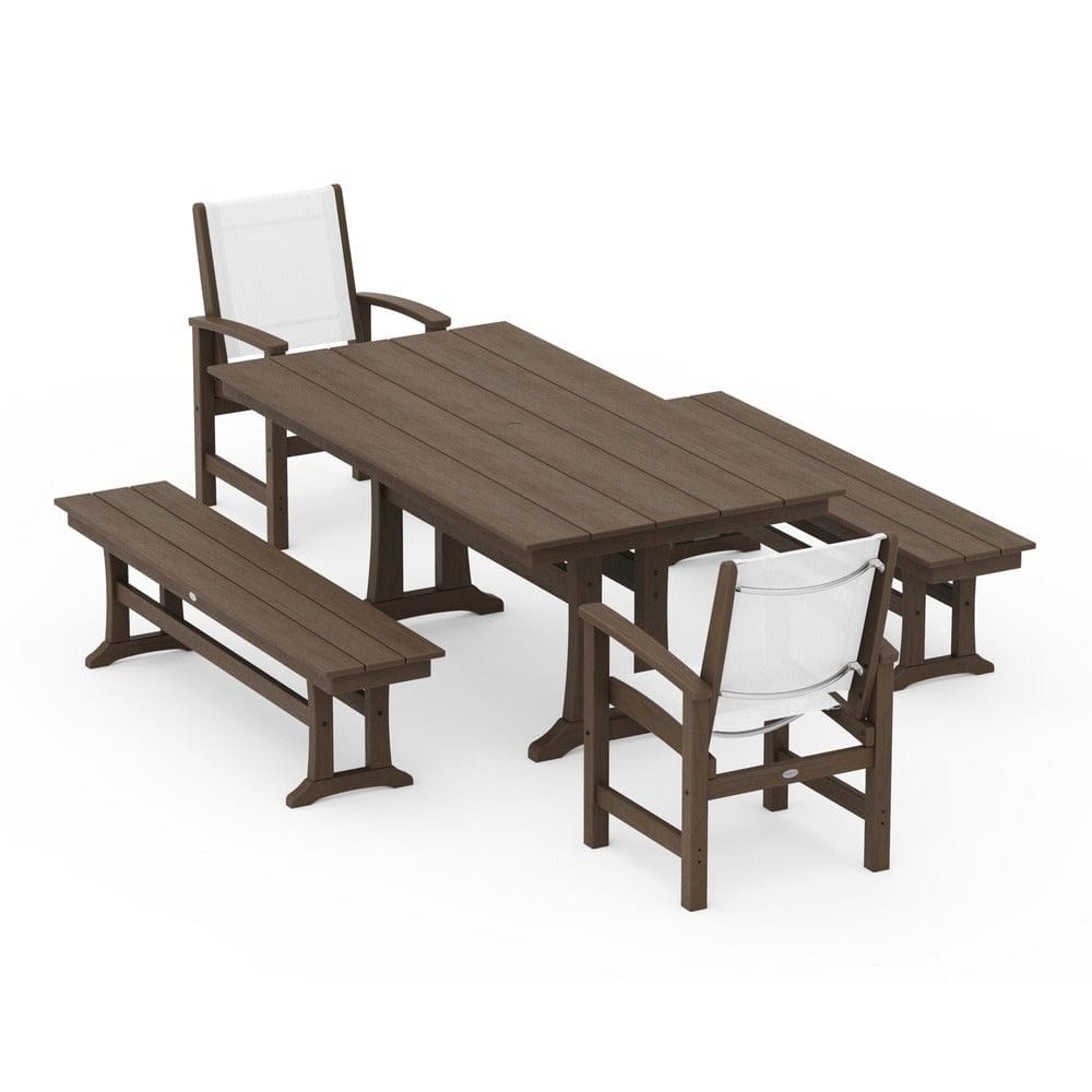 POLYWOOD® - Coastal 5-Piece Farmhouse Dining Set with Trestle Legs and Benches - PWS1000