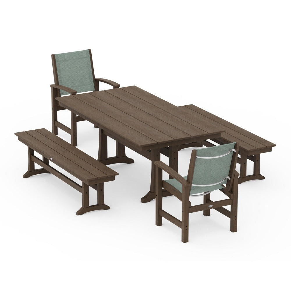 POLYWOOD® - Coastal 5-Piece Farmhouse Dining Set with Trestle Legs and Benches - PWS1000