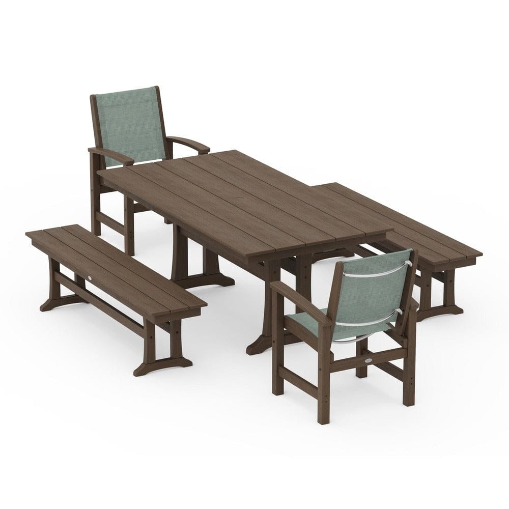 POLYWOOD® - Coastal 5-Piece Farmhouse Dining Set with Trestle Legs and Benches - PWS1000