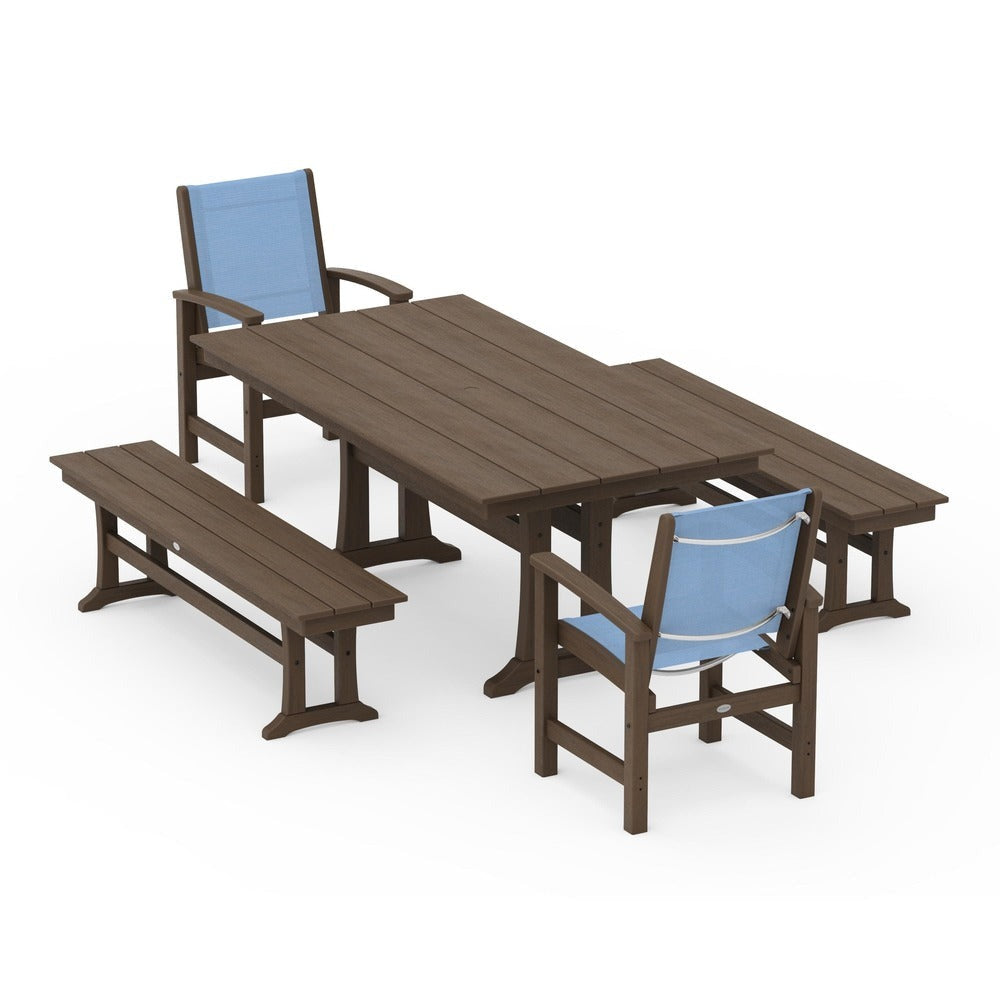 POLYWOOD® - Coastal 5-Piece Farmhouse Dining Set with Trestle Legs and Benches - PWS1000