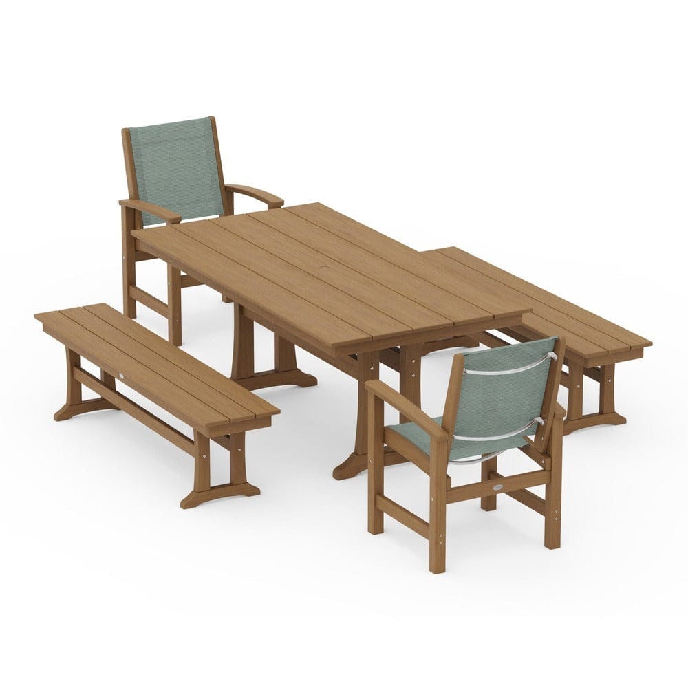POLYWOOD® - Coastal 5-Piece Farmhouse Dining Set with Trestle Legs and Benches - PWS1000