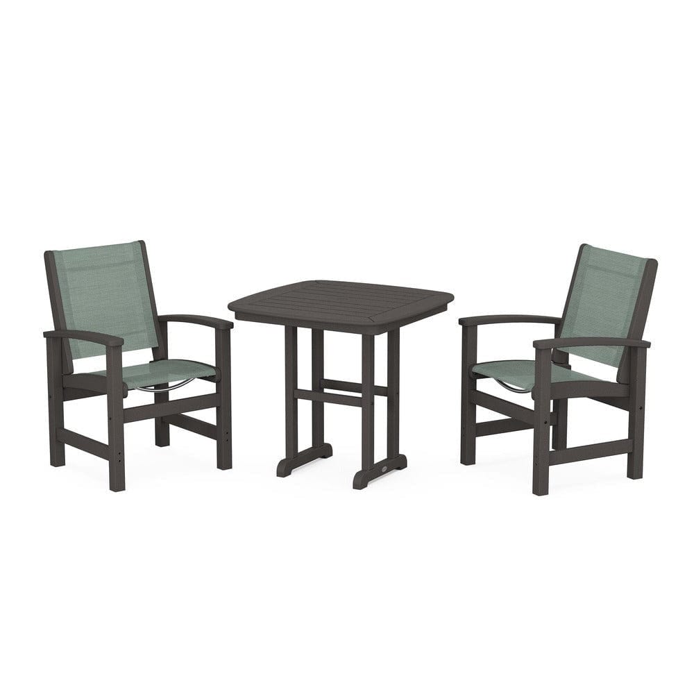POLYWOOD® Outdoor Furniture Vintage Coffee / Dupioni Sea Mist Sling POLYWOOD® - Coastal 3-Piece Dining Set - PWS1205