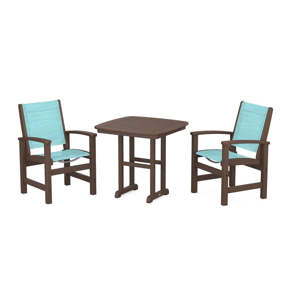 POLYWOOD® Outdoor Furniture Mahogany / Dupioni Aquamarine Sling POLYWOOD® - Coastal 3-Piece Dining Set - PWS1205