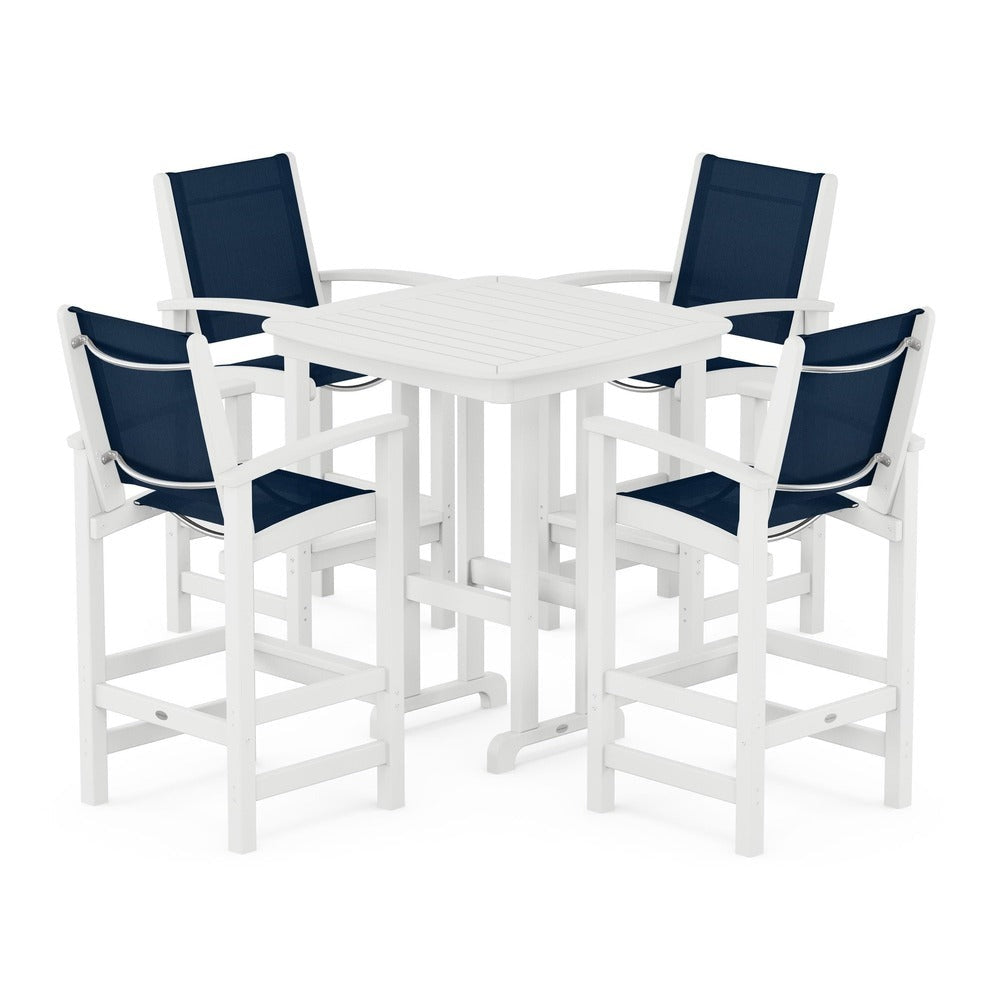 POLYWOOD® Outdoor Furniture White / Navy Blue Sling POLYWOOD® Coastal 5-Piece Bar Set - PWS210-1